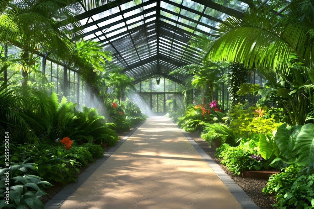 Sunbeams illuminating lush plants growing inside greenhouse Sunbeams illuminating lush plants growing inside greenhouse