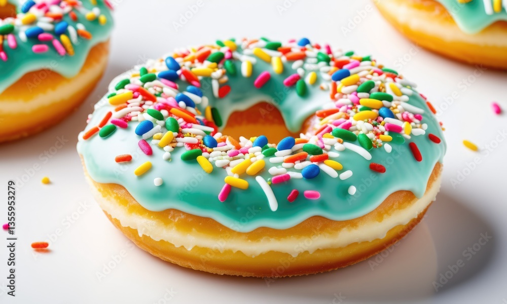Colorful sprinkle donut with blue icing on white background Colorful sprinkle donut with blue icing on white background