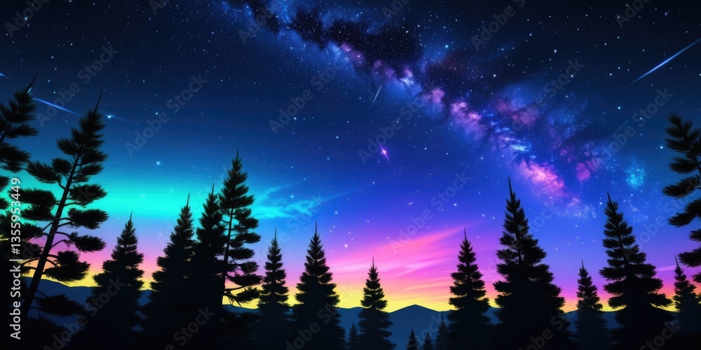 Naklejka premium Vibrant night sky with milky way over pine forest silhouette
