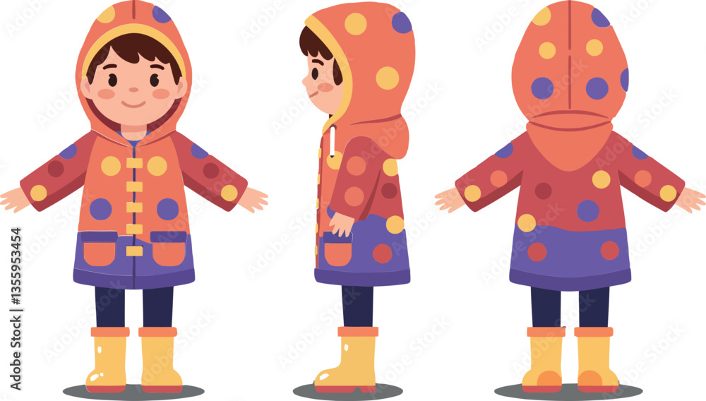 A cheerful child wearing a colorful polka dot raincoat in a flat design style showcases joy and playfulness in vector art A cheerful child wearing a colorful polka dot raincoat in a flat design style showcases joy and playfulness in vector art