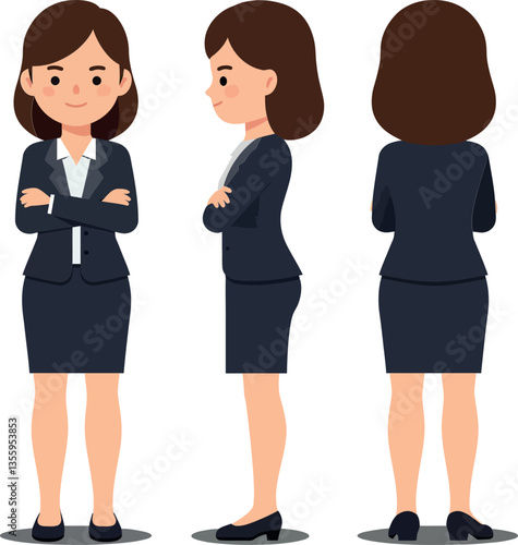Confident businesswoman in professional attire showcasing three perspectives in a flat vector illustration design, exuding professionalism and determination in a corporate setting.