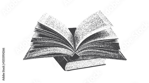 Opened book, collage component featuring an old-fashioned stipple photocopy effect. Book, antique stipple photocopy effect collage element, with retro grainy texture  y2k collage design