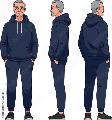 Elderly man in navy hoodie and sweatpants showcasing three perspectives in a minimal vector illustration, highlighting casual comfort and a relaxed demeanor in vector art
