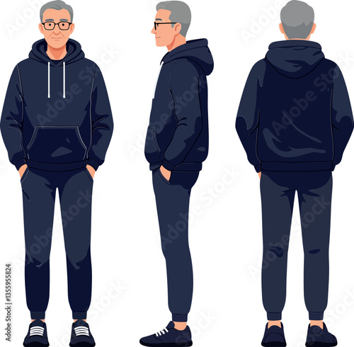 Elderly man in a casual black hoodie and sweatpants, showcasing a flat design style in a relaxed standing pose, vector illustration