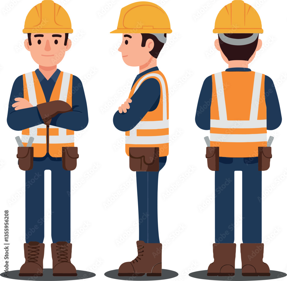 Construction worker in three poses, wearing a hard hat and safety vest, flat vector art Construction worker in three poses, wearing a hard hat and safety vest, flat vector art