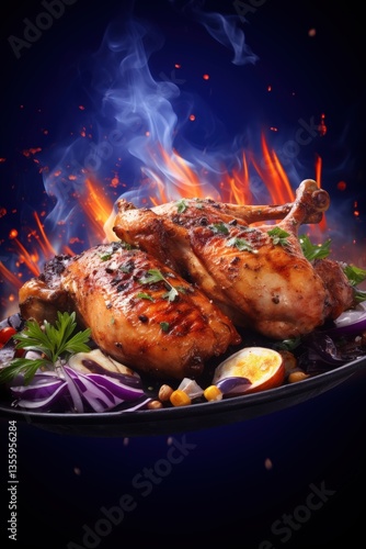 Cooked Chicken Legs on a Plate over Fire, Dark Background