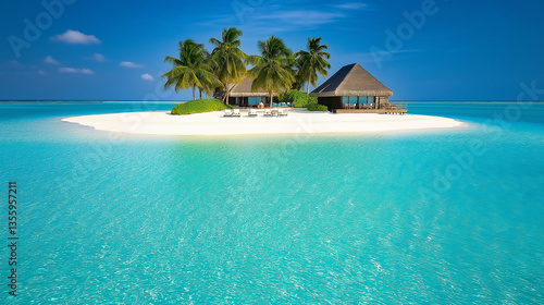 Fototapeta Naklejka Na Ścianę i Meble -  Tropical bungalow with palm trees on a secluded white sand beach in paradise
