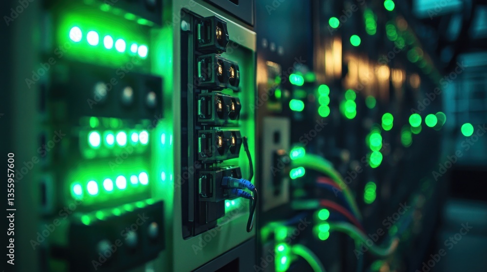 server room hardware illuminated by glowing green leds depicting data center infrastructure rack units server room hardware illuminated by glowing green leds depicting data center infrastructure rack units