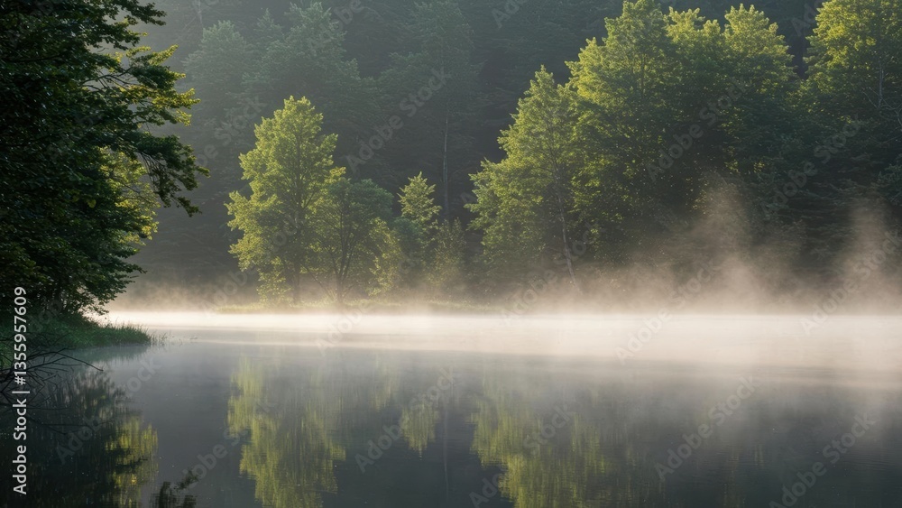 Fototapeta premium Misty river surrounded by lush green trees, evoking tranquility.