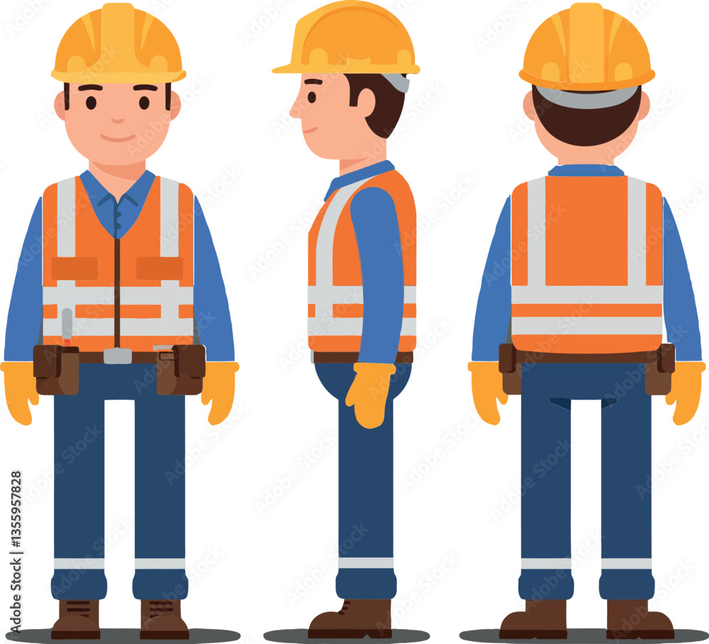Construction worker in safety gear showcasing front, side, and back views in a flat style vector illustration Construction worker in safety gear showcasing front, side, and back views in a flat style vector illustration