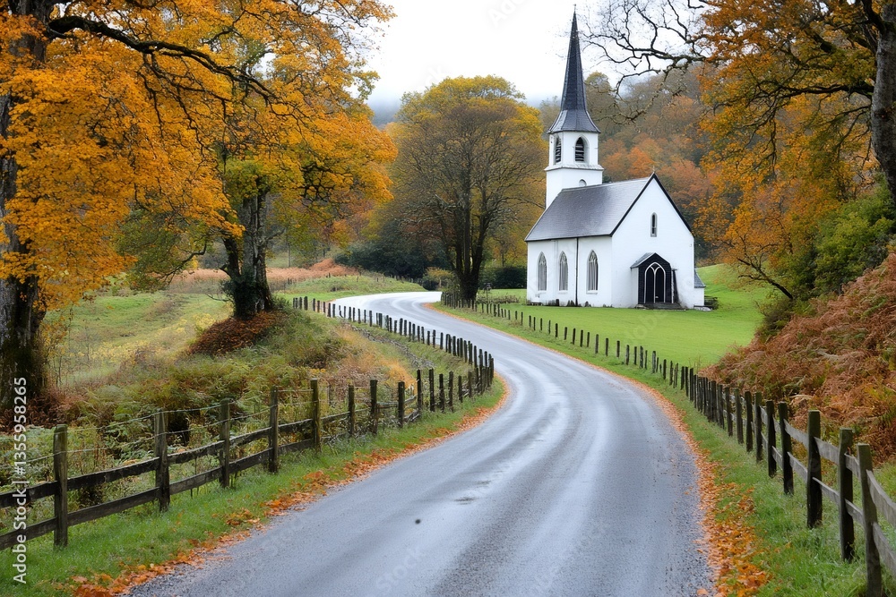 Winding road leading to a picturesque church in autumn Winding road leading to a picturesque church in autumn