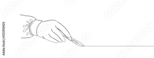 Continuous line, doctor's hand holding a scalpel with transparent background editable stroke.