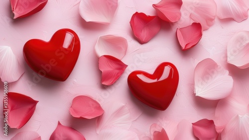 A romantic composition of red hearts and petals on a soft pink background.