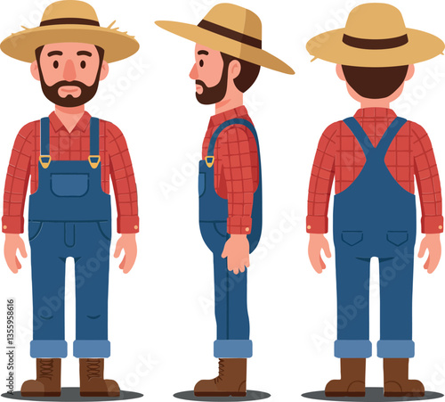 A farmer character in a straw hat and plaid shirt, showcasing a flat design style in a detailed vector illustration with multiple angles and a cheerful demeanor