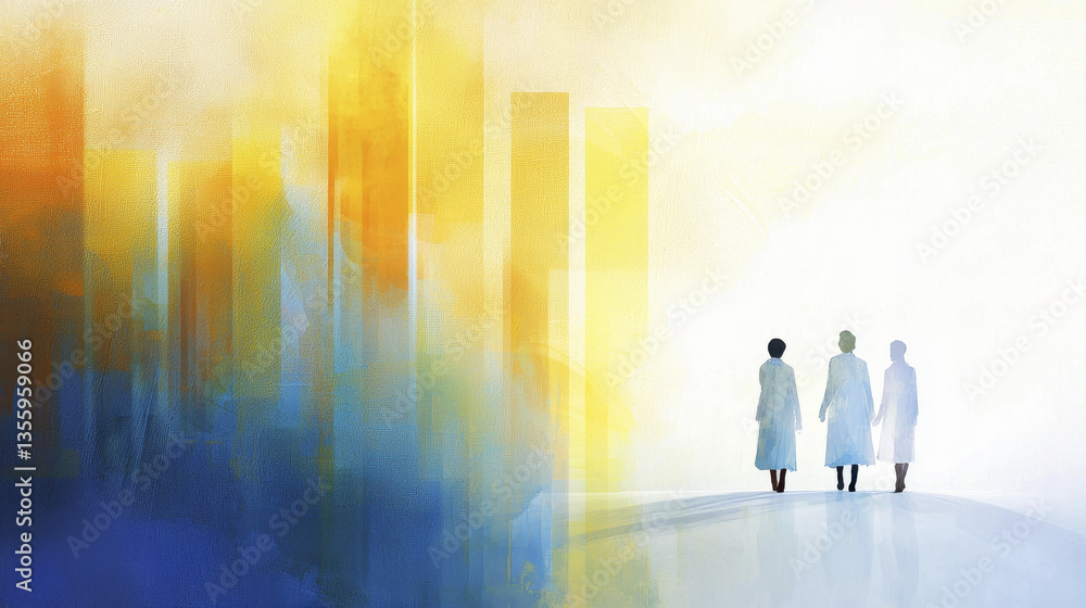 Three figures in white coats walking towards bright horizon, symbolizing hope and discovery Three figures in white coats walking towards bright horizon, symbolizing hope and discovery