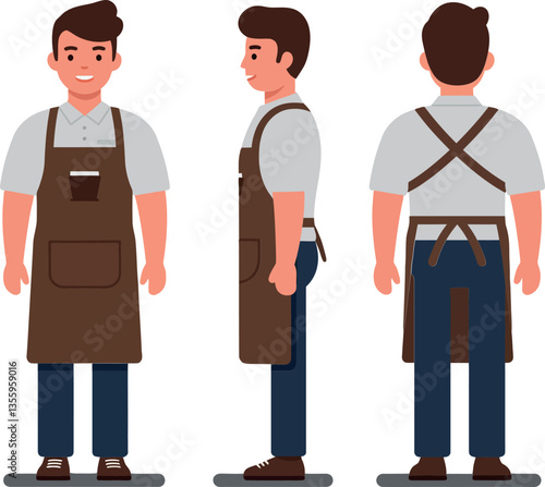 A cheerful barista wearing a brown apron poses in multiple angles showcasing a flat design style vector illustration