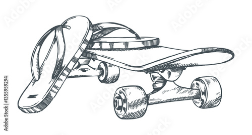 Vector monochrome illustration of skateboard with slippers. Drawing in free and stripped lines.