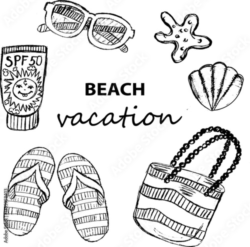  hand drawn doodle set of vacation on the beach