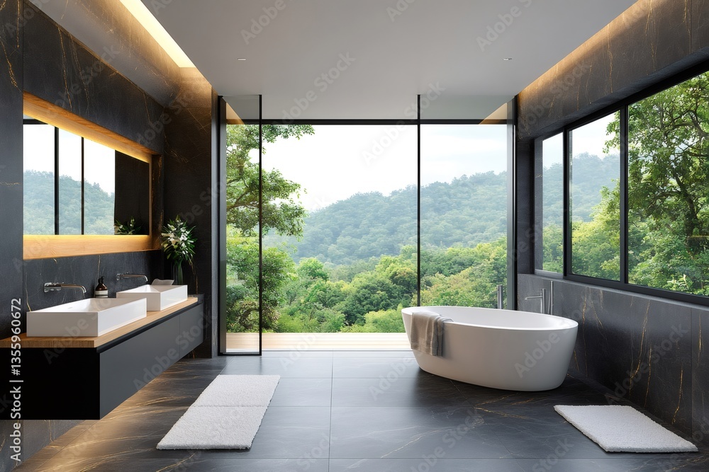 Fototapeta premium Modern bathroom boasting a luxurious freestanding bathtub and breathtaking forest views