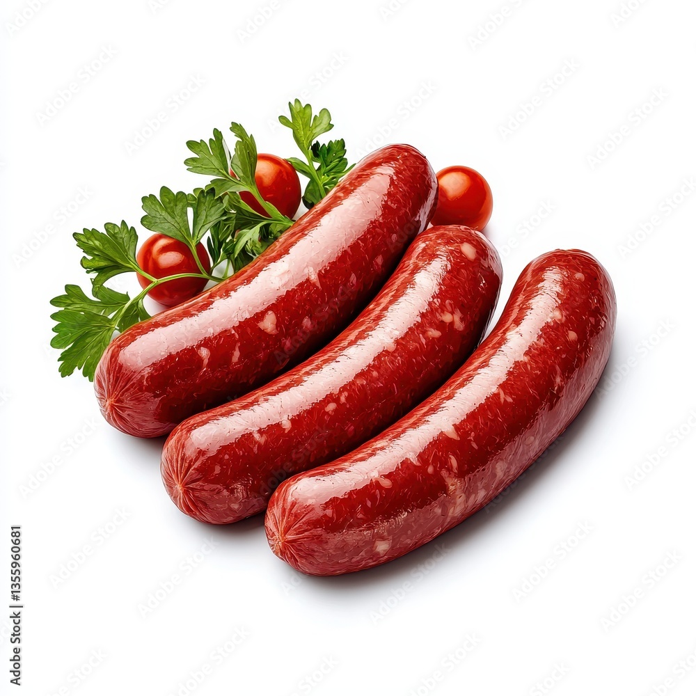 Three glossy sausages with fresh parsley and cherry tomatoes arranged beautifully. Three glossy sausages with fresh parsley and cherry tomatoes arranged beautifully.