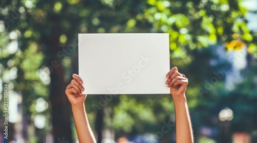 Blank protest sign held high in park