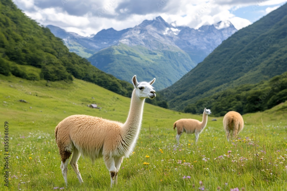 Fototapeta premium Llamas grazing in a meadow in the mountains