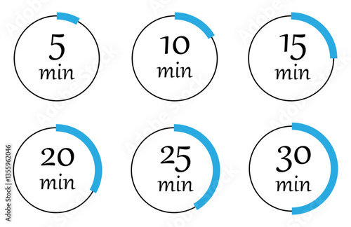 Stopwatch timer set in 5 minute to 30 minute. Set of timers. Stopwatch icons. Countdown 5, 10, 15, 20, 25, 30 minutes. Vector illustration.