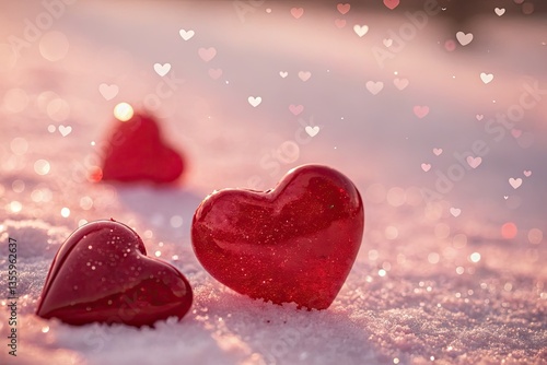 Silhouetted lovers, hearts afloat in a pink haze, Valentine's Day romance.