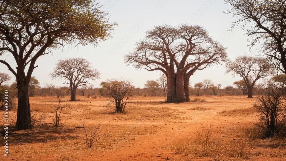 Fototapeta premium Baobab trees in a serene, arid landscape under a clear sky.
