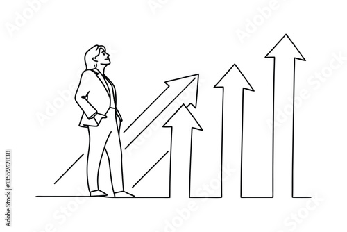 Businesswoman Confidently Observing Upward Trending Growth Arrows