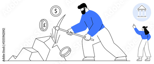 Man extracting currency coins with a pickaxe from rocks while a woman gestures nearby. Ideal for finance, economy, mining, wealth, investment, currency exchange, income growth. Flat simple metaphor