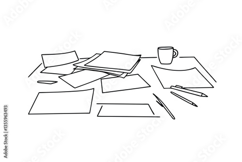 Cluttered Desk Papers, Pens, Mug, Workspace, Organization, Chaos, Line Art, Minimalist, Sketch, Offi
