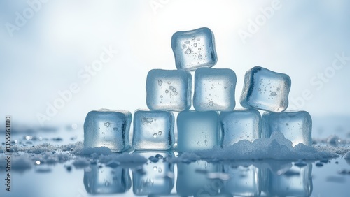 Stack of melting ice cubes on snow in frozen mountain landscape at sunrise	