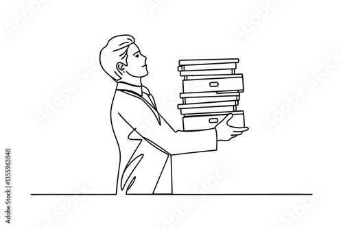 Overworked Businessman, Stack of Files, Office Stress, Single Line Drawing, Business, Workload, Pres