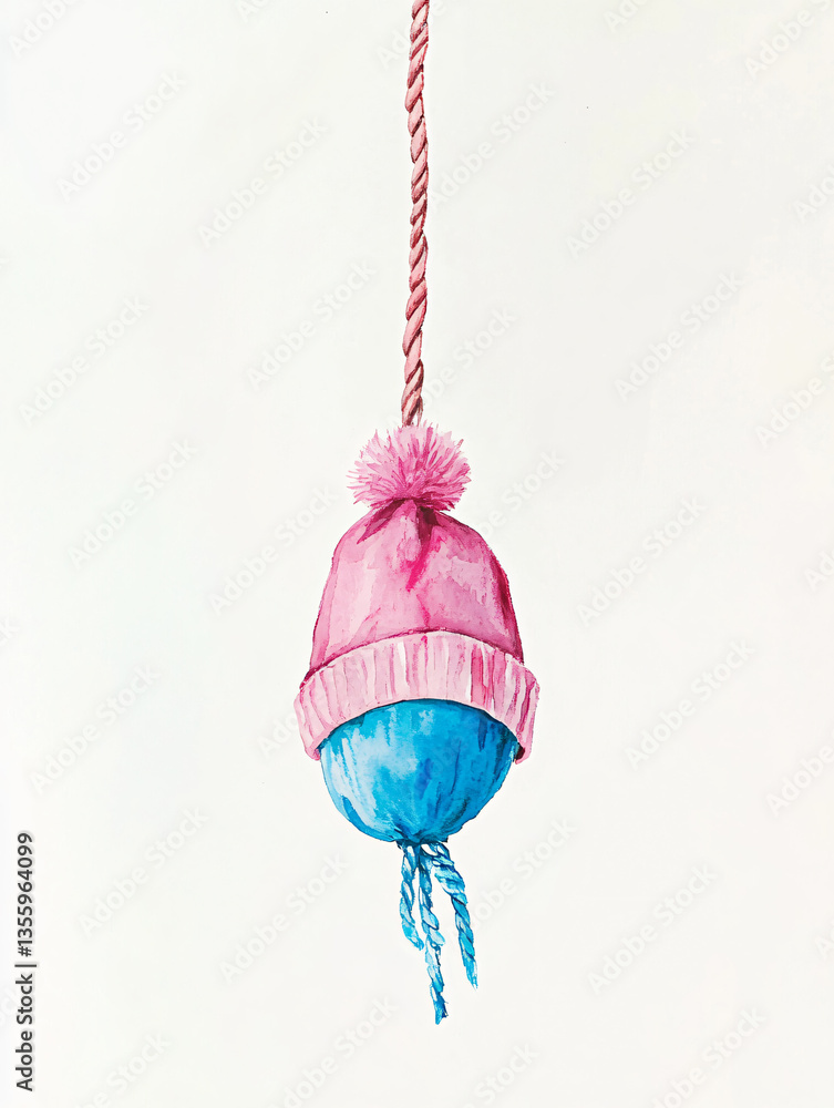 Obraz premium clipart card Watercolor newborn winter hat pink blue pompom tassel hanging rope soft pastel babywear knit toddler fashion gender reveal nursery accent cute cozy infant accessory baby shower art