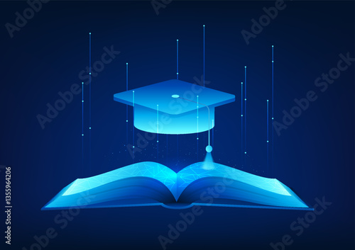 Educational Technology A book with degree cap on top represents modern education that uses technology as a medium for learning to develop rapidly, accessing learning information through global network