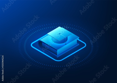 Educational Technology A book with a graduation cap on top, signifying the use of artificial intelligence technology to help develop education to improve knowledge and access to learning.