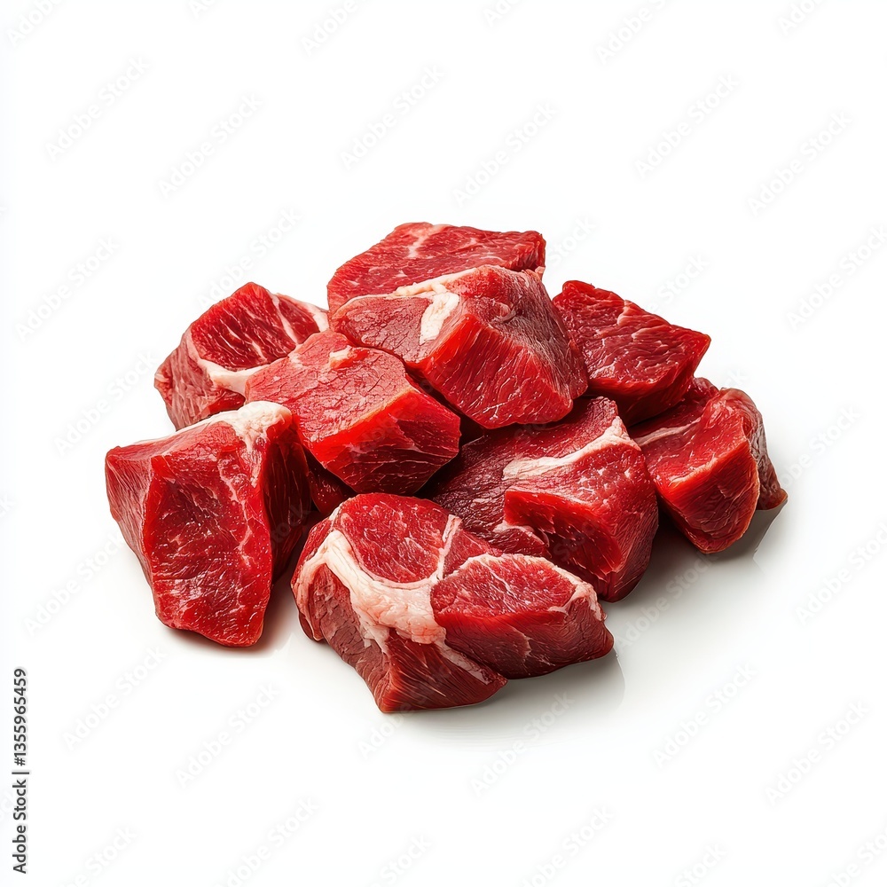 Fototapeta premium Fresh raw beef cubes on a white background.