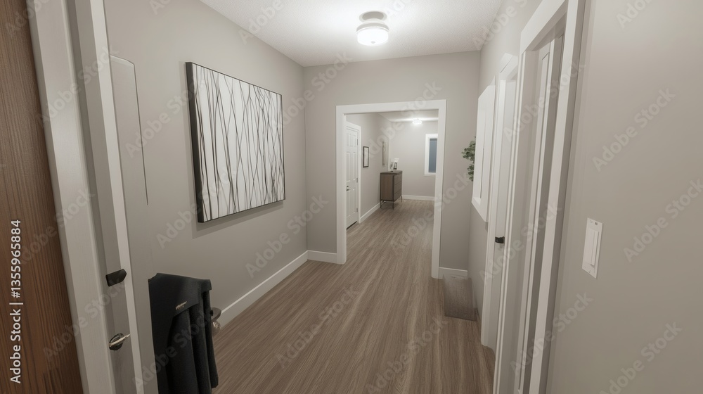 Contemporary hallway design showcasing minimalist art and neutral color palette Contemporary hallway design showcasing minimalist art and neutral color palette