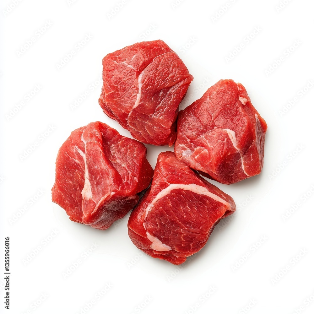 Fresh raw red meat pieces arranged on a white background. Fresh raw red meat pieces arranged on a white background.