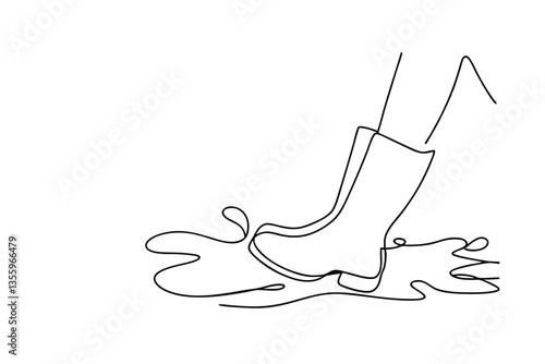 One line drawing Rainy day, muddy puddle, rubber boots, walking, splash.
