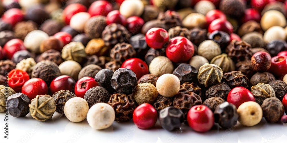 Surreal photography: a vibrant clash of black, red, white peppercorns, and allspice. Surreal photography: a vibrant clash of black, red, white peppercorns, and allspice.