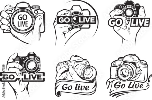 Hand Holding Camera Set with Go Live Text in Black and White Line Art Designs