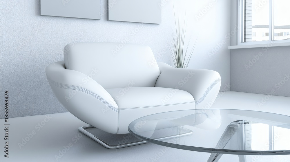 Fototapeta premium Serene minimal living space featuring white armchair and round glass table