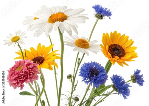 Vibrant spring blooms: daisies, chamomile, cornflowers, sunflowers, and chrysanthemums captured in stunning photographs.