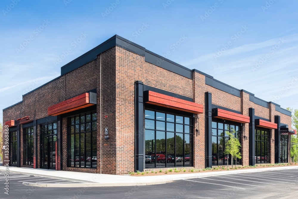Modern Brick Commercial Building with Parking Lot Modern Brick Commercial Building with Parking Lot