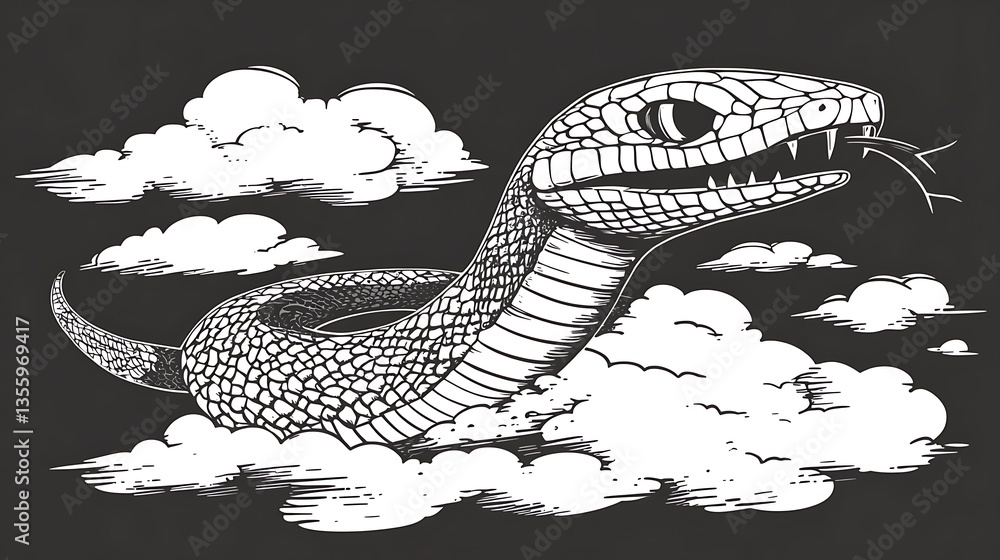 Fototapeta premium A menacing snake floats amidst fluffy clouds, rendered in a detailed hand-drawn style.