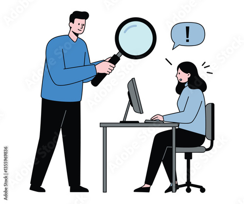 Minimalist Vector of Man Observing Woman at Desk with Magnifying Glass"