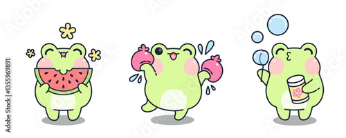 Kawaii frogs enjoying summer activities - eating watermelon slice, holding soap bubbles, dancing with fruits. Cute rounded green frog character with big eyes, rosy cheeks, adorable expressions.
