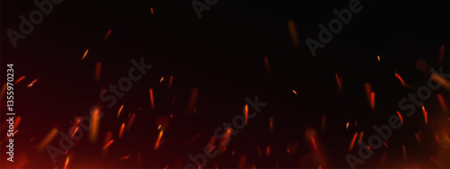 Burning hot sparks and glowing embers fly up. Fiery abstract background with bright red fire particles on black. Bonfire flames, fireworks, heat or welding sparks with dark dramatic atmosphere.